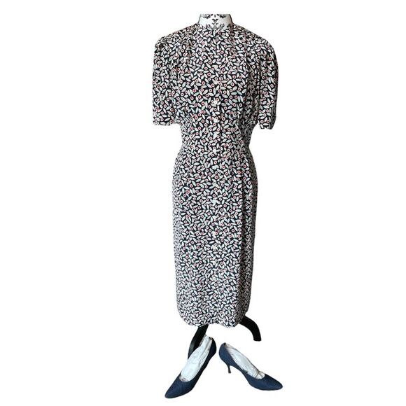 Liz Claiborne Vintage 80s Navy Print Short Sleeve Tucked Waist Shirtdress 10 - Picture 1 of 10